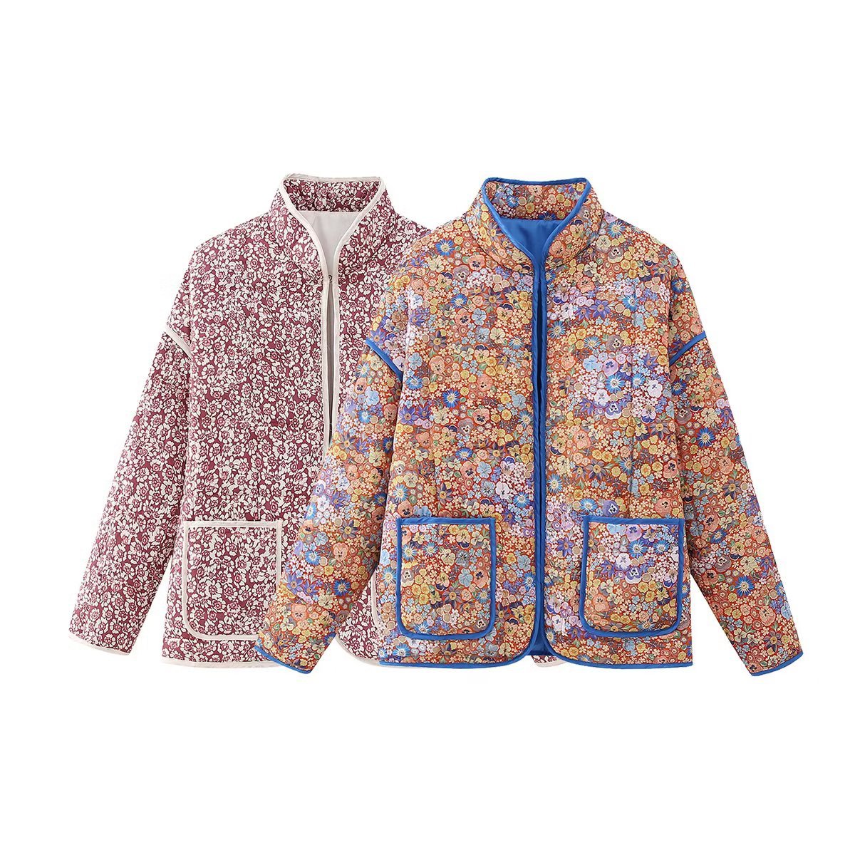 Women's Autumn Flower Print Thin Pocket Decorative Coats