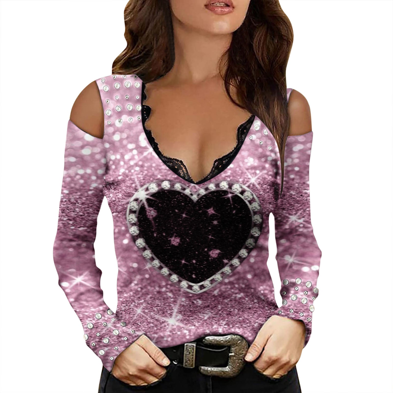 Rhinestone Lace Printed Sleeve Love Butterfly Tops