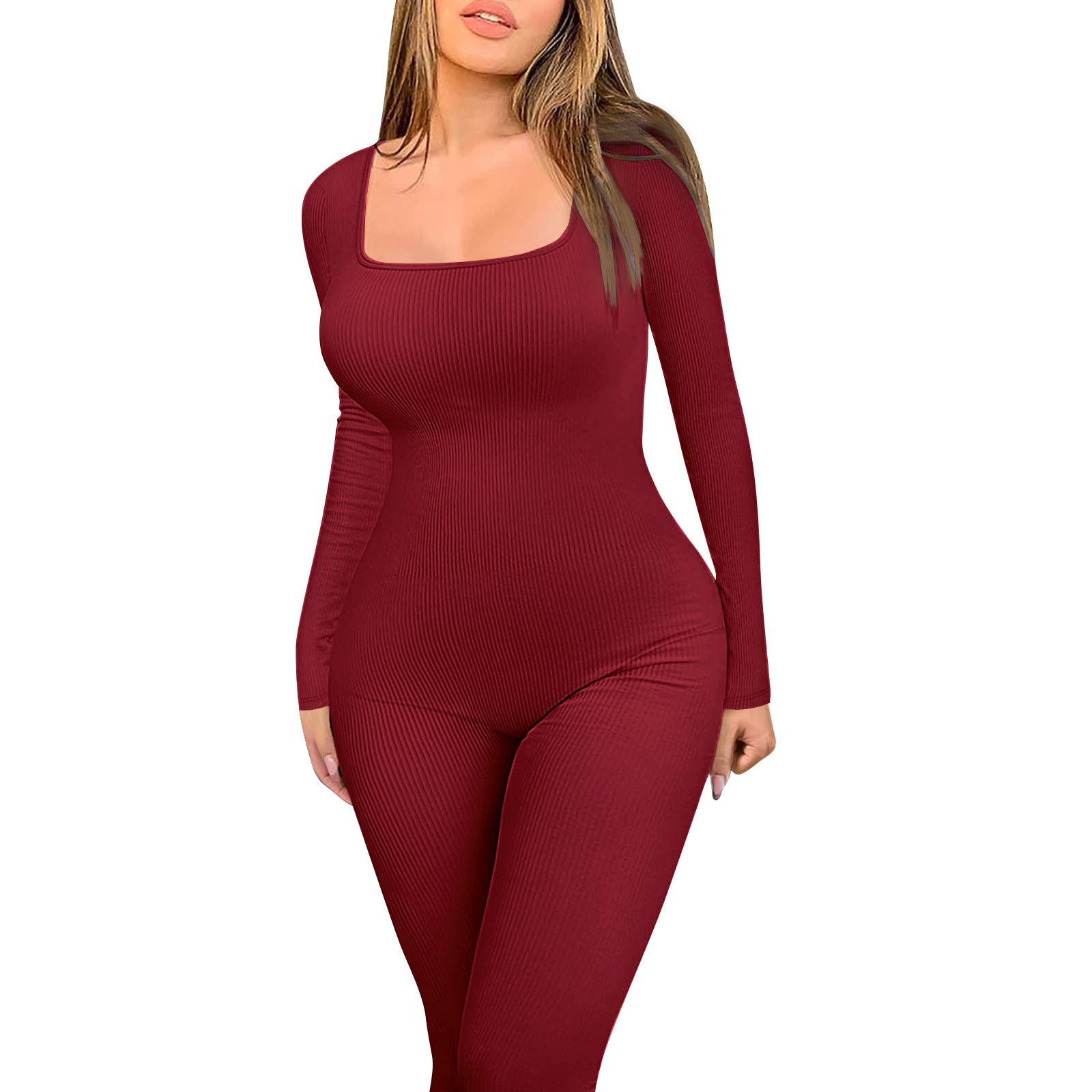 Women's Long Sleeve Thread Square Collar Backless Jumpsuits
