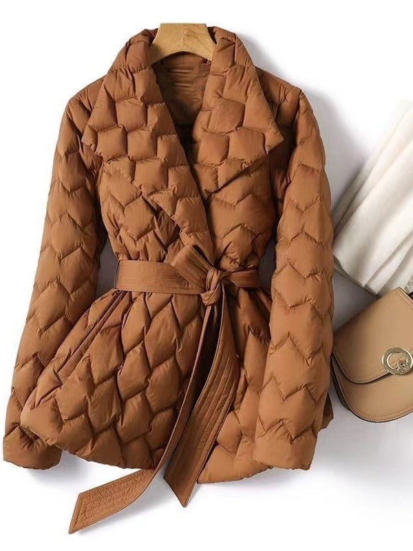 Elegant Water Ripple Quilted Lightweight Down Lapel Belt Tight Coats