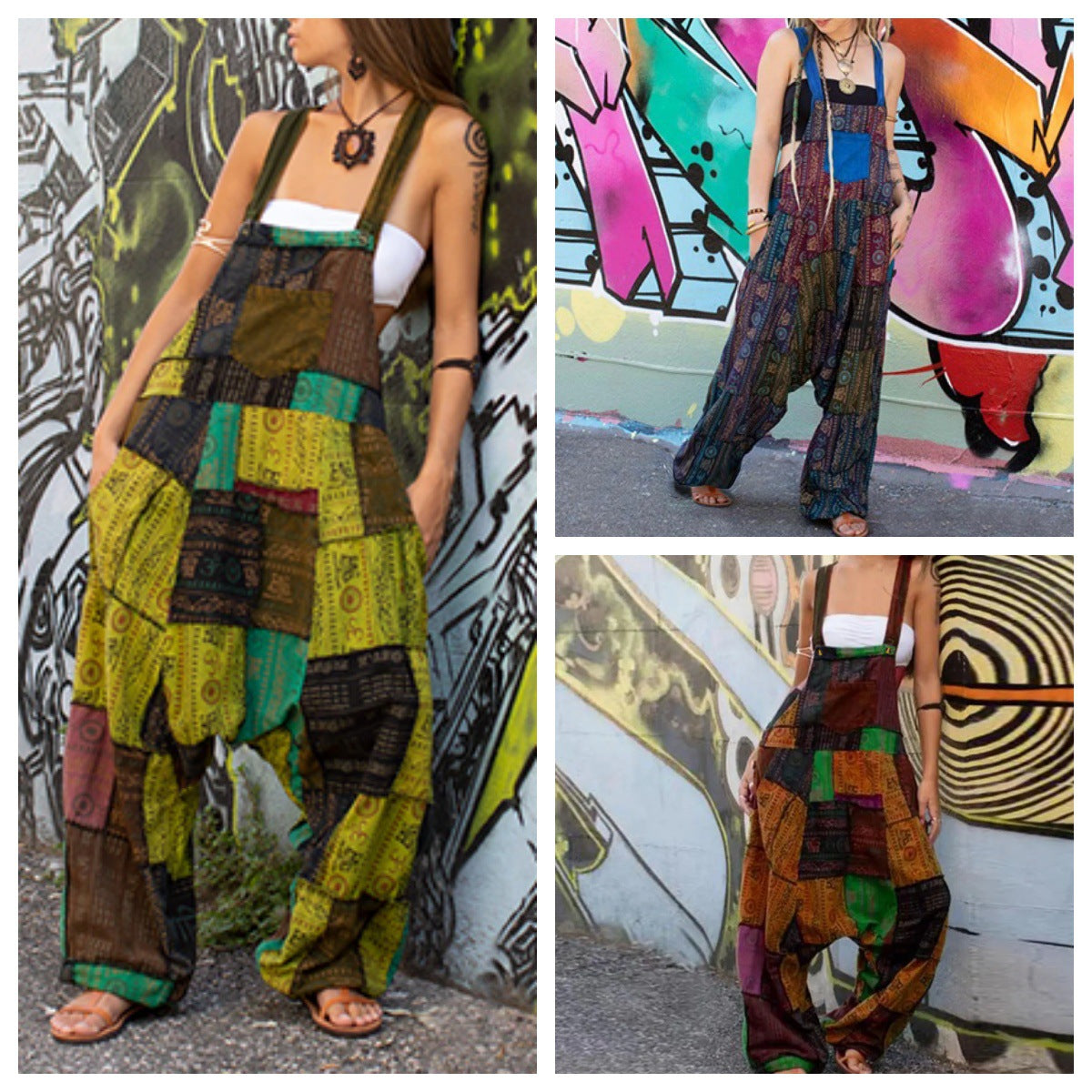 Women's Stitching Ethnic Print Sleeveless Loose Harem Jumpsuits