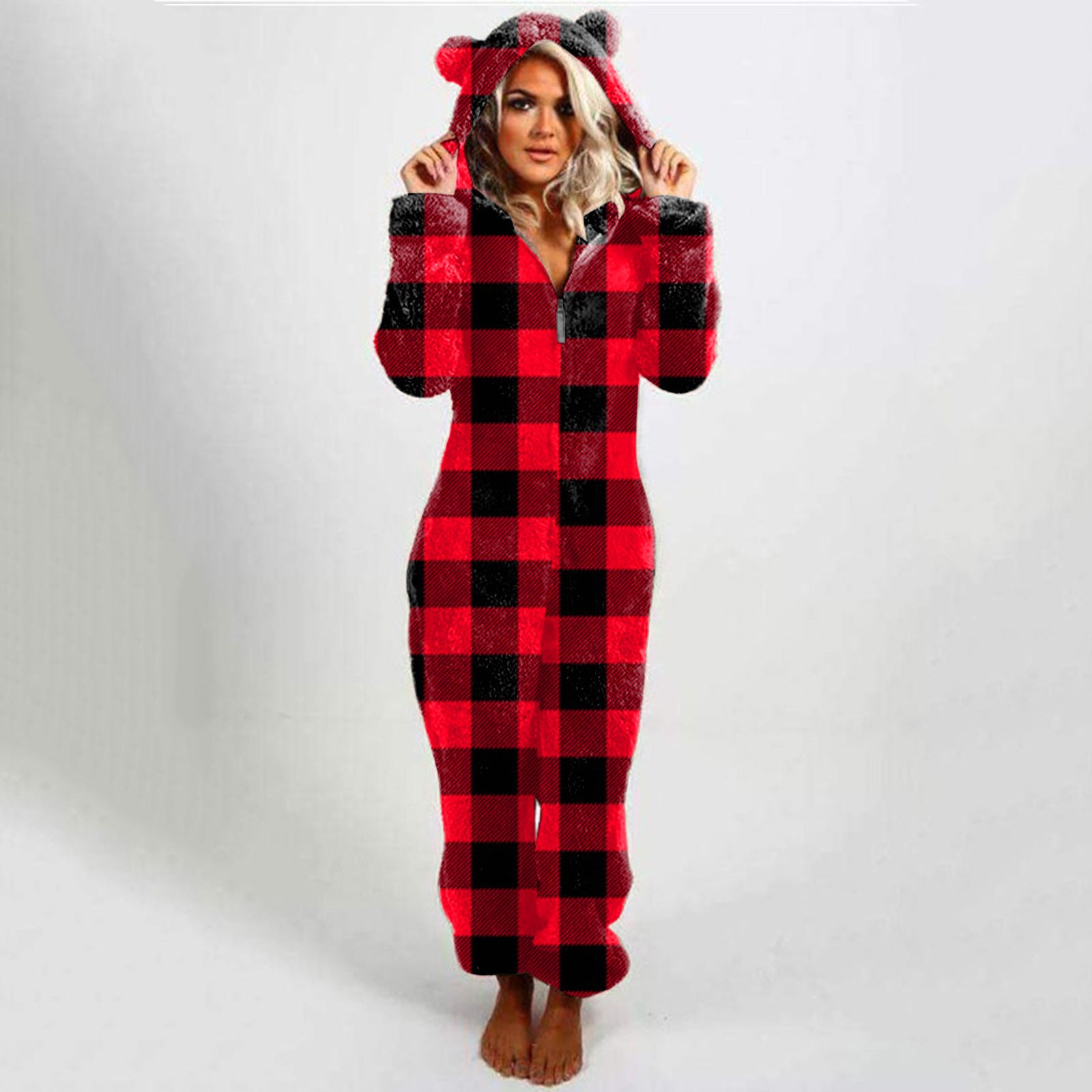 Ladies Hooded Plaid Double-sided Veet Casual Jumpsuits