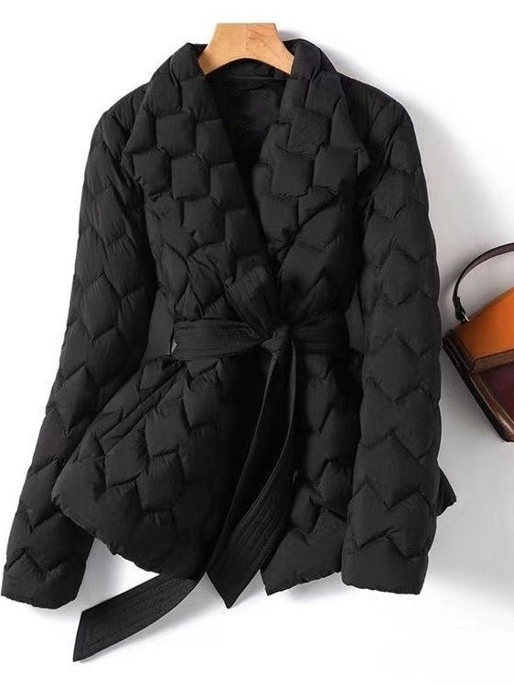 Elegant Water Ripple Quilted Lightweight Down Lapel Belt Tight Coats