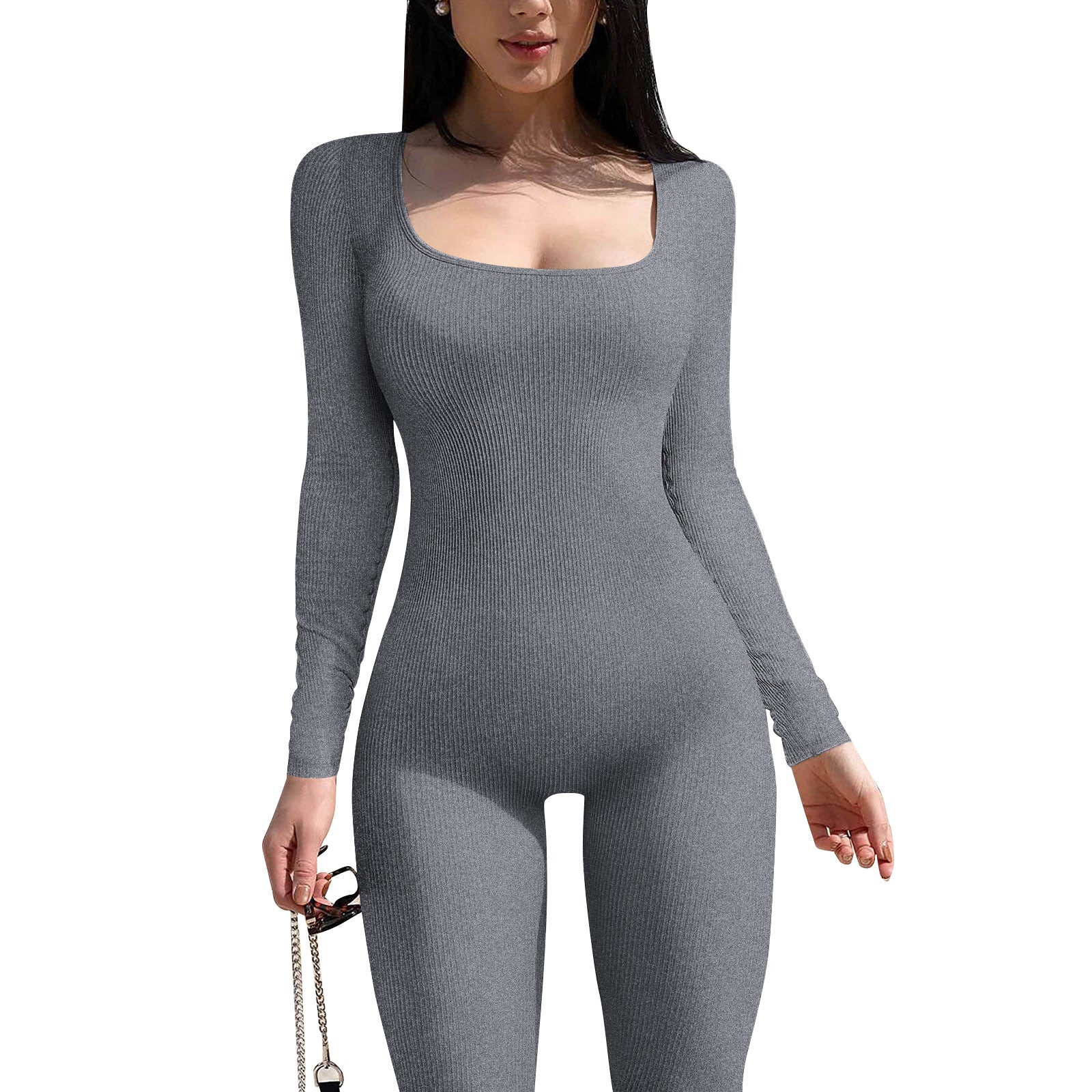 Women's Long Sleeve Thread Square Collar Backless Jumpsuits