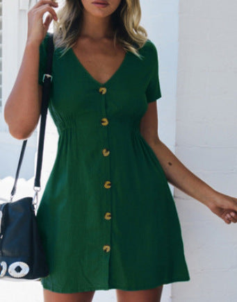 Women's Solid Street Hipster Color V-neck Slim-fit Button High Waist Dress