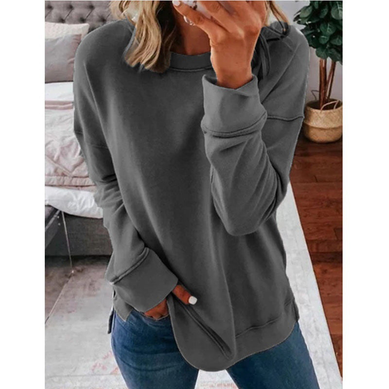 Women's Cotton Blend Top Pullover Loose-fitting Solid Color Long Sleeves T-shirt