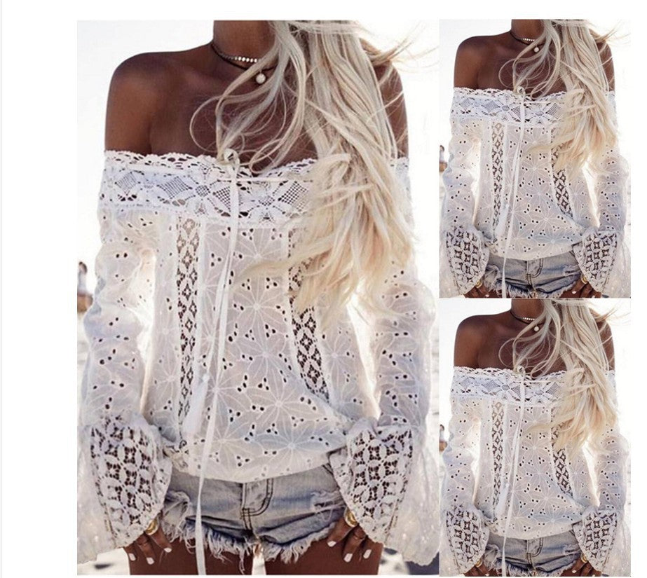 White Off-shoulder Bell Sleeve Lace Street Hipster Top Tassel Stitching Coat