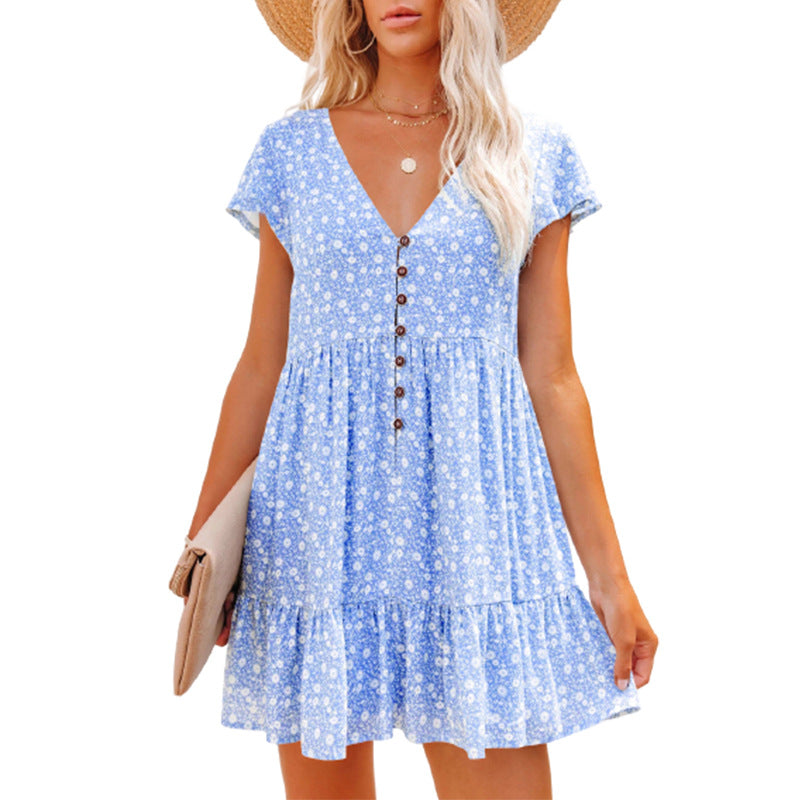 V-neck Buttons Small Floral Short Sleeve Basic Model Loose Casual Women's Dress