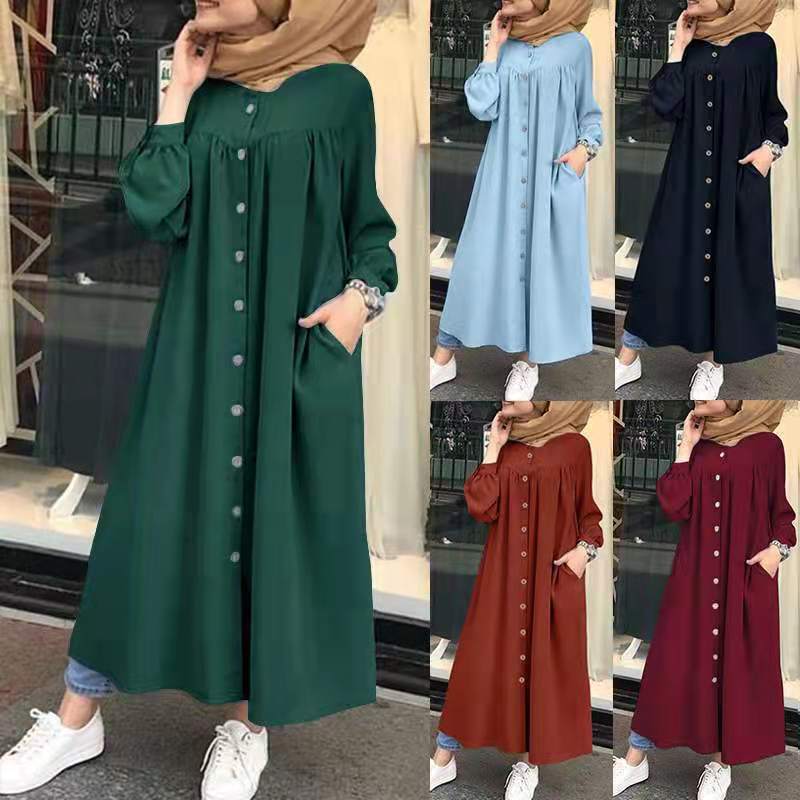 Women's Muslim Solid Color Loose Waist Long Sleeve Pocket Button Shirt Dress Casual Robe