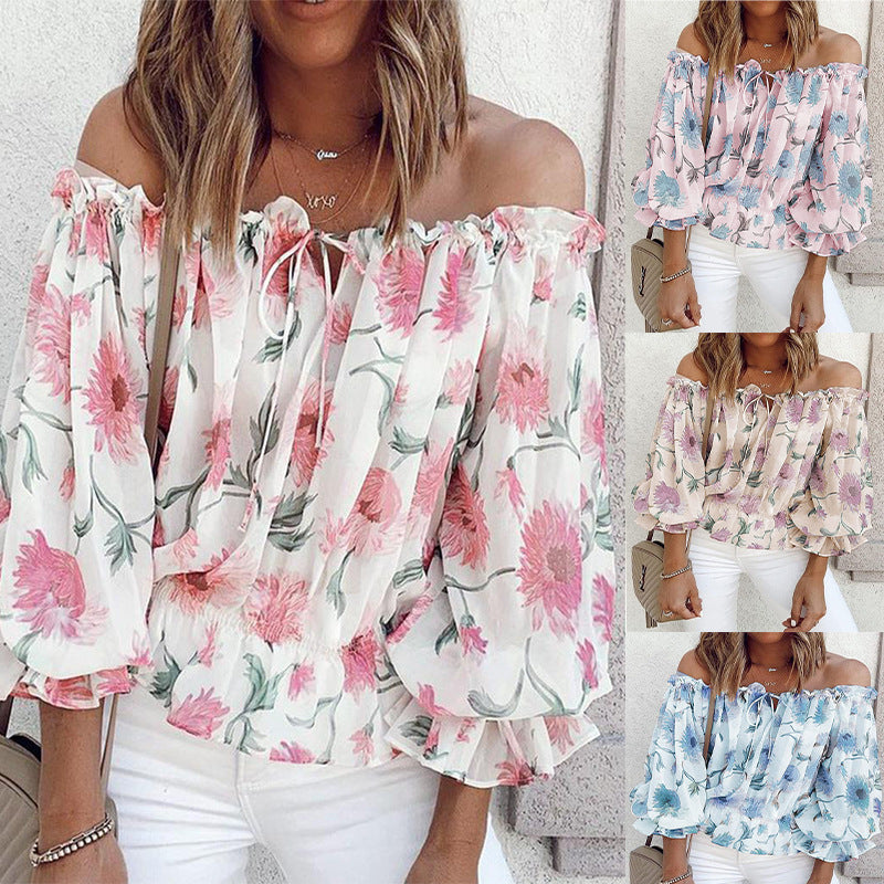Sexy Off-shoulder Chiffon Blouse Street Hipster Women's Loose Printed Long-sleeved T-shirt Top