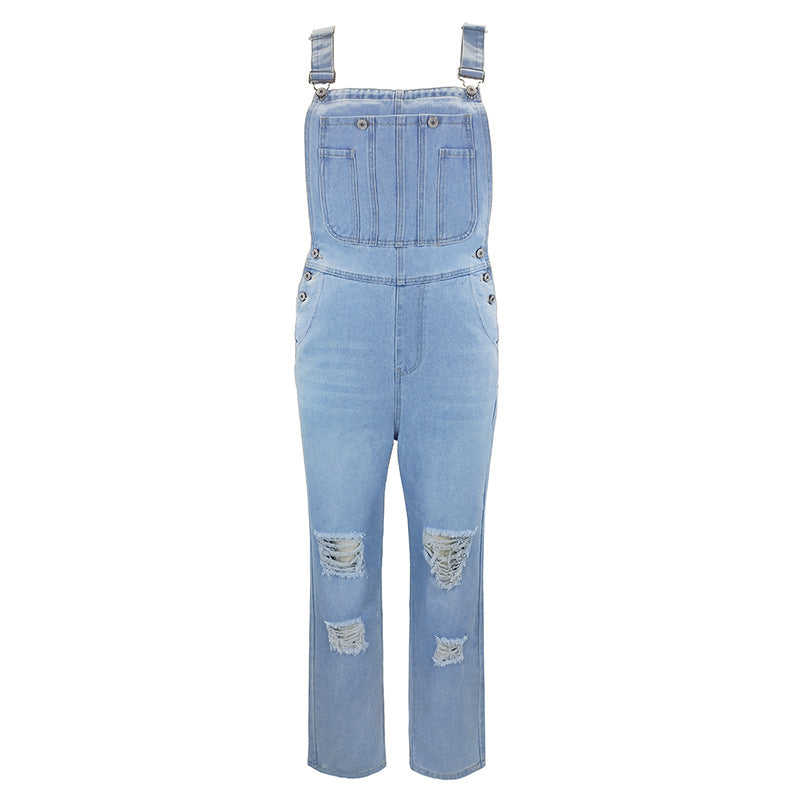 Mid Waist Suspender Pants Washed Simple Women's Jeans