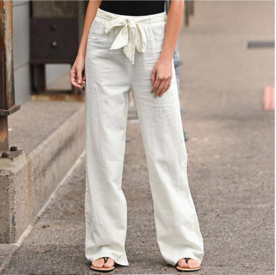 Women's Summer Elastic Waist Solid Color Cotton Leisure Linen Wide Leg Loose Pants