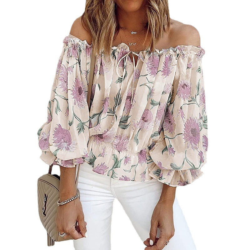Sexy Off-shoulder Chiffon Blouse Street Hipster Women's Loose Printed Long-sleeved T-shirt Top