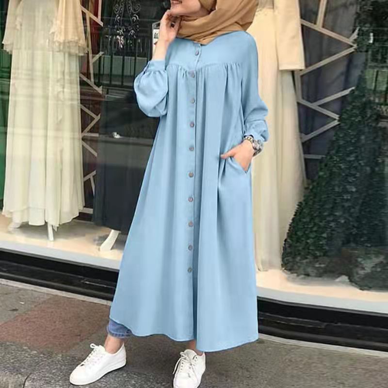 Women's Muslim Solid Color Loose Waist Long Sleeve Pocket Button Shirt Dress Casual Robe