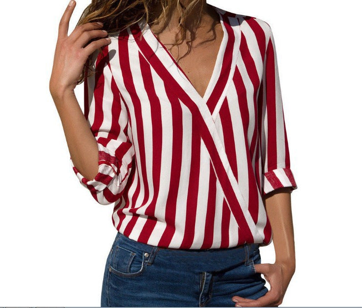 Women's Trendy Long Sleeve Striped Ladies Blouses