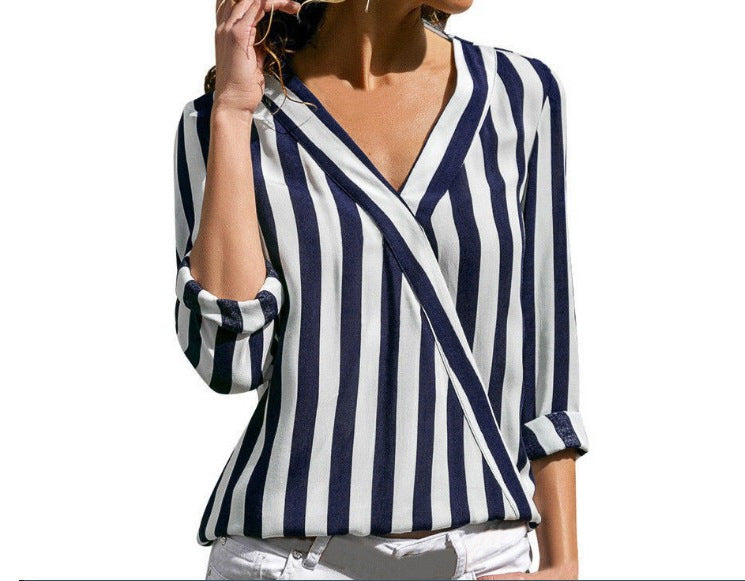 Women's Trendy Long Sleeve Striped Ladies Blouses