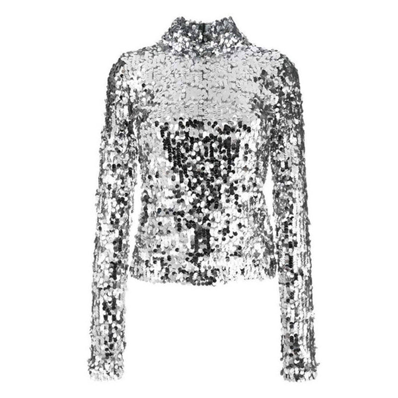 Stand-up Base Shirt Fairy Full Sequined Long-sleeved Tops