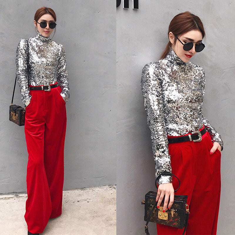 Stand-up Base Shirt Fairy Full Sequined Long-sleeved Tops