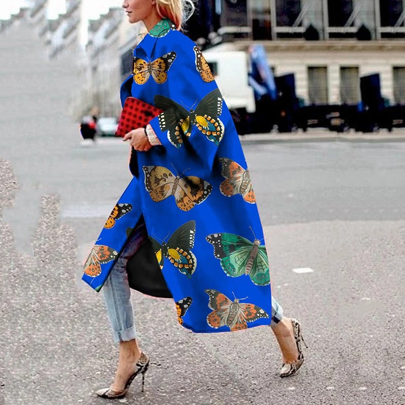 Women's Long Bell Sleeve Printed Loose Trench Coats