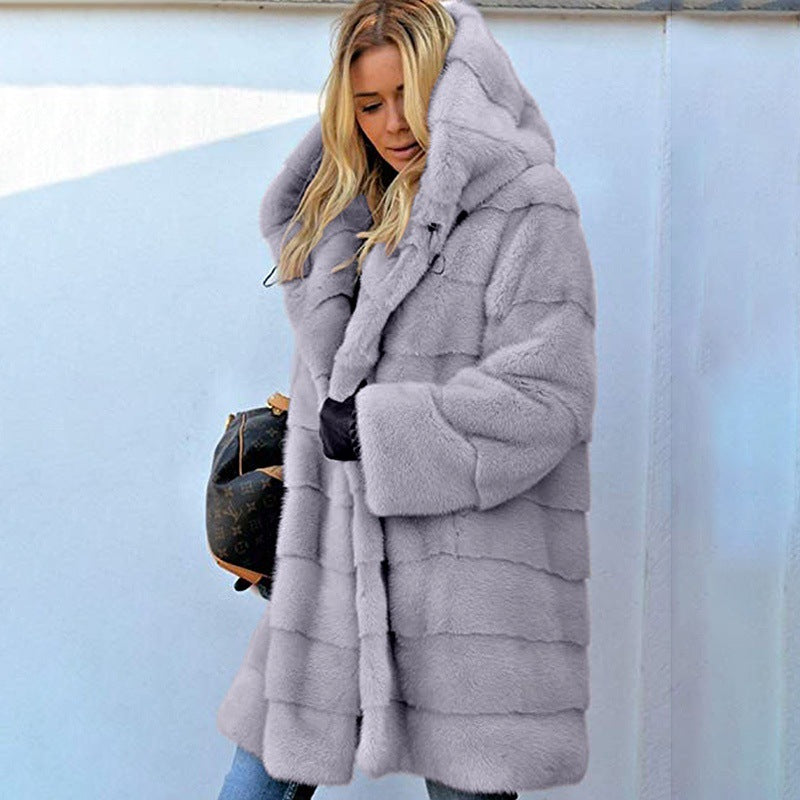 Color Loose Plush Hooded Imitation Fur Coats