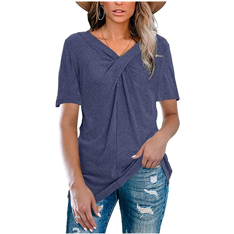 Women's Solid Color Cross Knot Ladies Loose-fitting Blouses