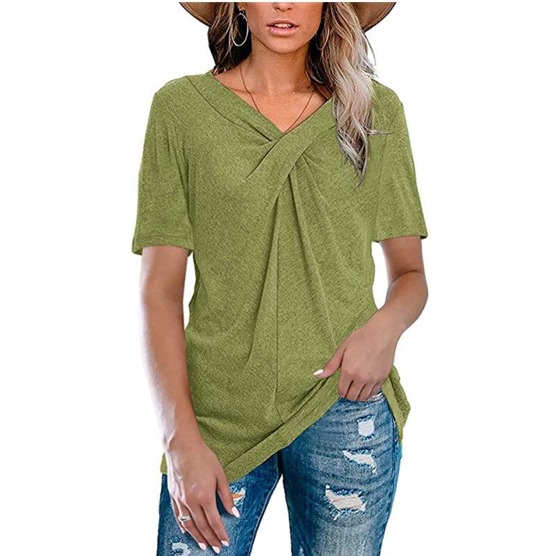 Women's Solid Color Cross Knot Ladies Loose-fitting Blouses