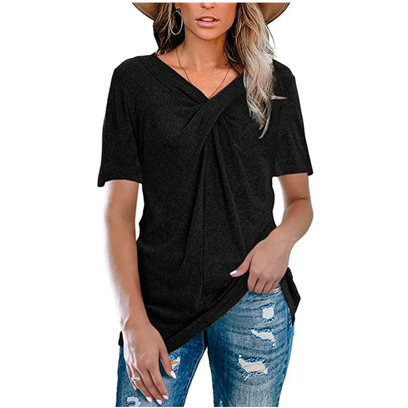 Women's Solid Color Cross Knot Ladies Loose-fitting Blouses