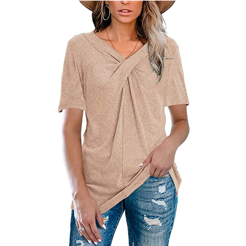 Women's Solid Color Cross Knot Ladies Loose-fitting Blouses