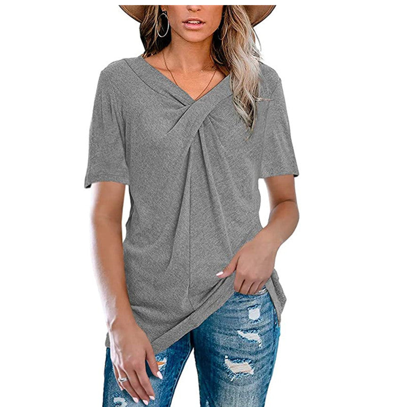 Women's Solid Color Cross Knot Ladies Loose-fitting Blouses