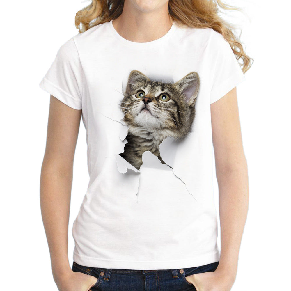 Women's Worn-out Cat Printing T-shirt Sleeve Loose Blouses
