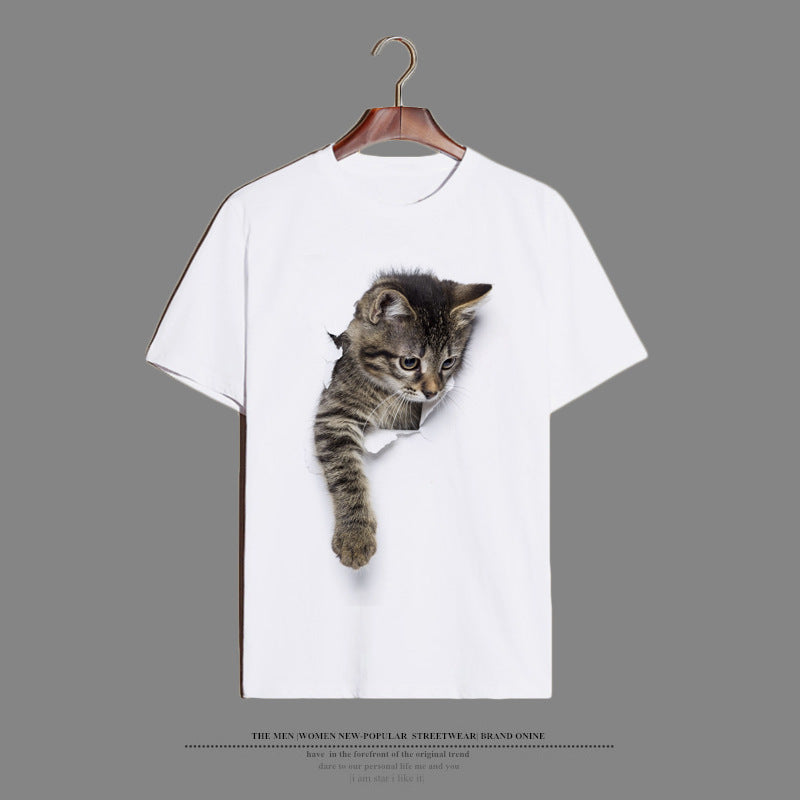 Women's Worn-out Cat Printing T-shirt Sleeve Loose Blouses