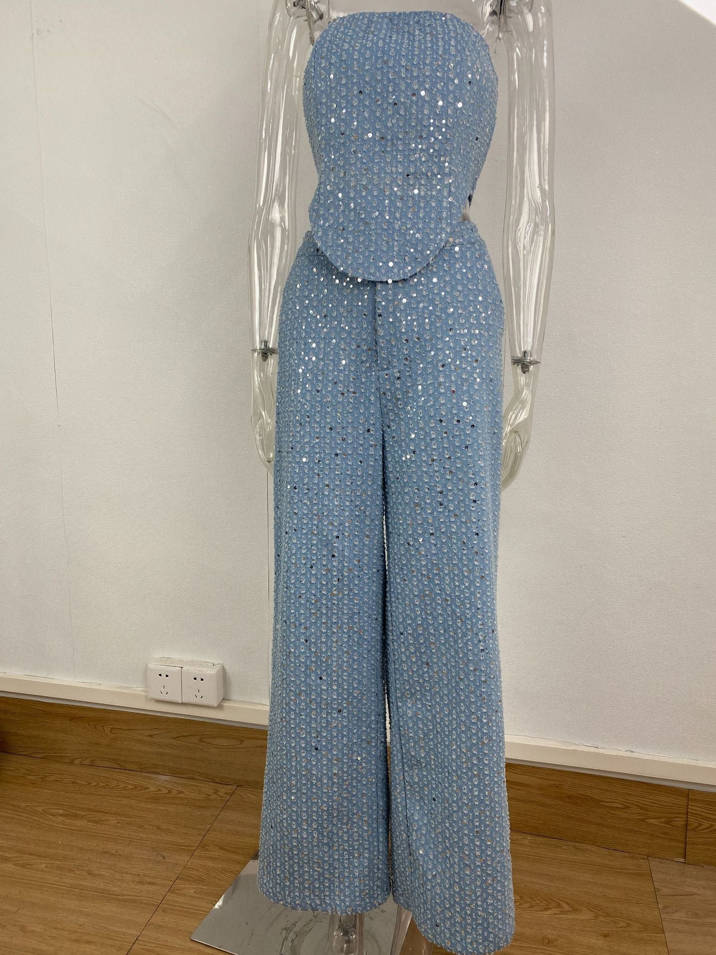 Women's Popular Sexy Denim Sequined Tube Suits