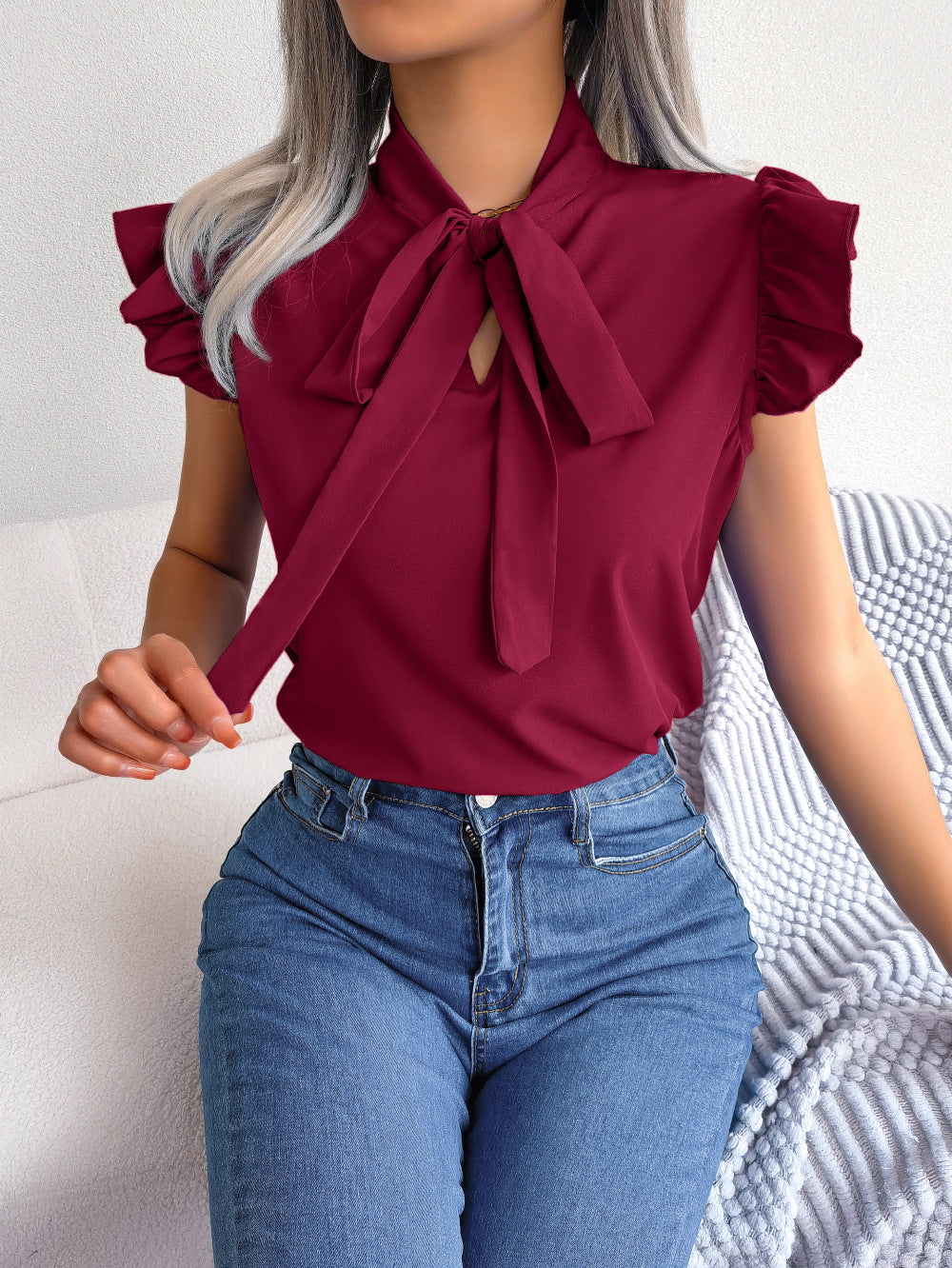 Temperament Commute Stringy Seedge Lace-up Bow Blouses Femme