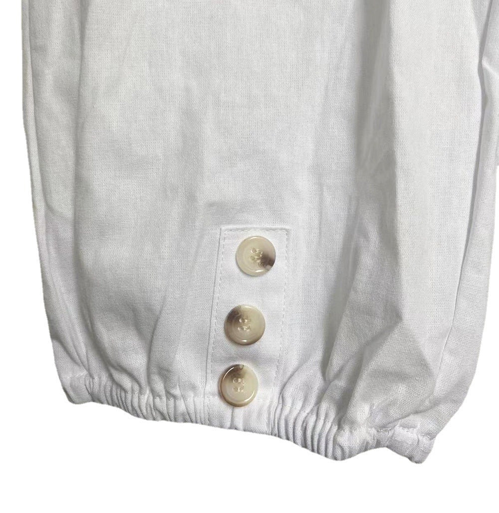 Calças de linho de linho de botão solta da cintura alta feminina