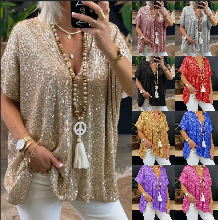 Women's Urban Casual Color Loose Pullover Sequined Blouses