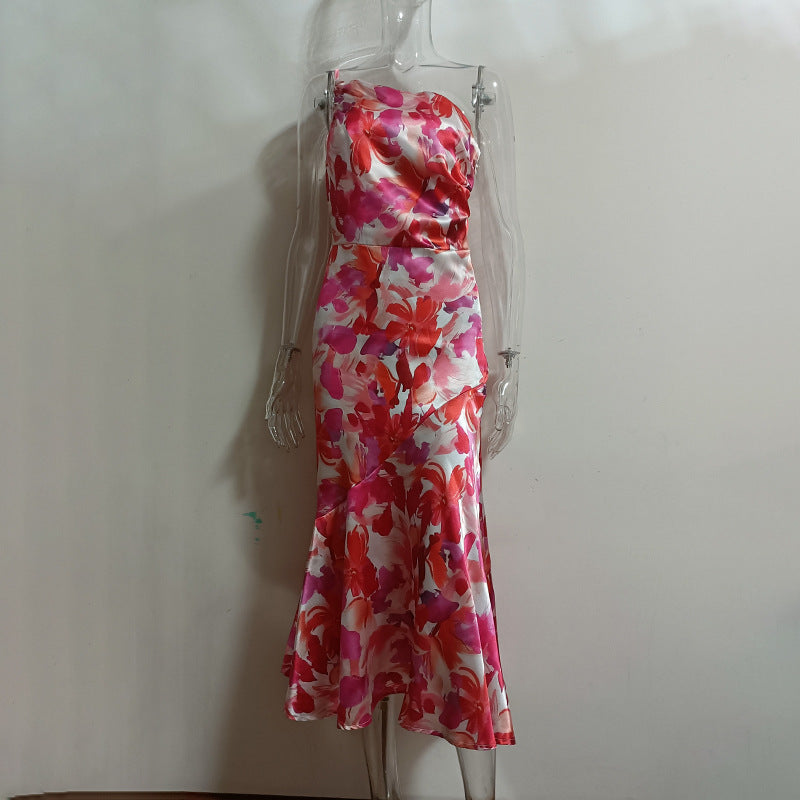 Shoulder Printed Pleated Fishtail Sling Dress Dresses