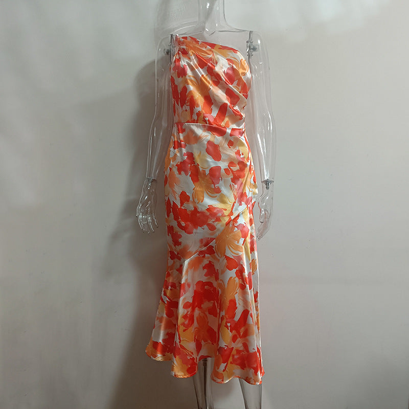 Shoulder Printed Pleated Fishtail Sling Dress Dresses