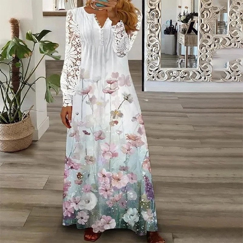 Women's Fashion Printing Lace Long-sleeved Dress Dresses
