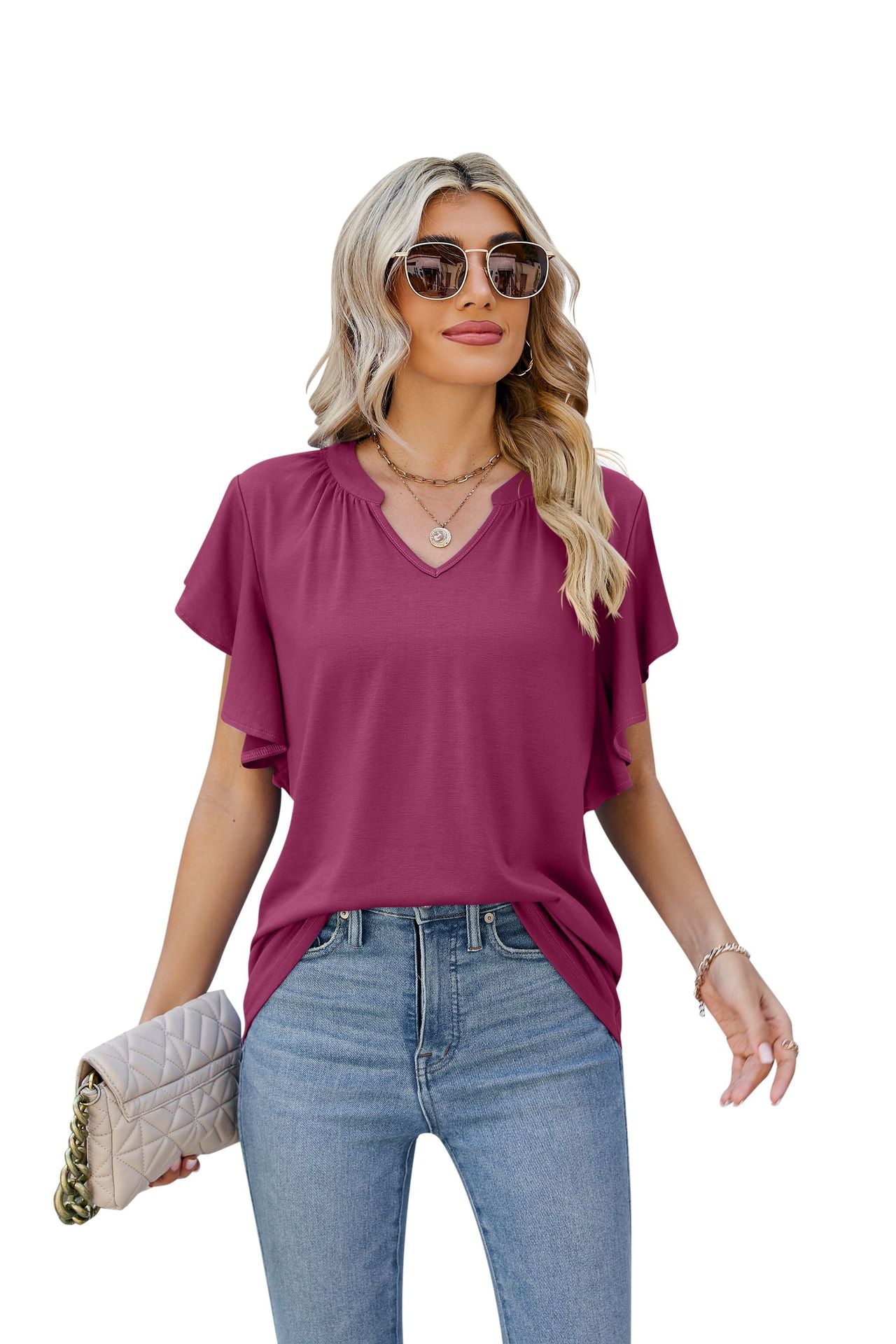 Women's Summer T-shirt Pure Color Ruffles Blouses