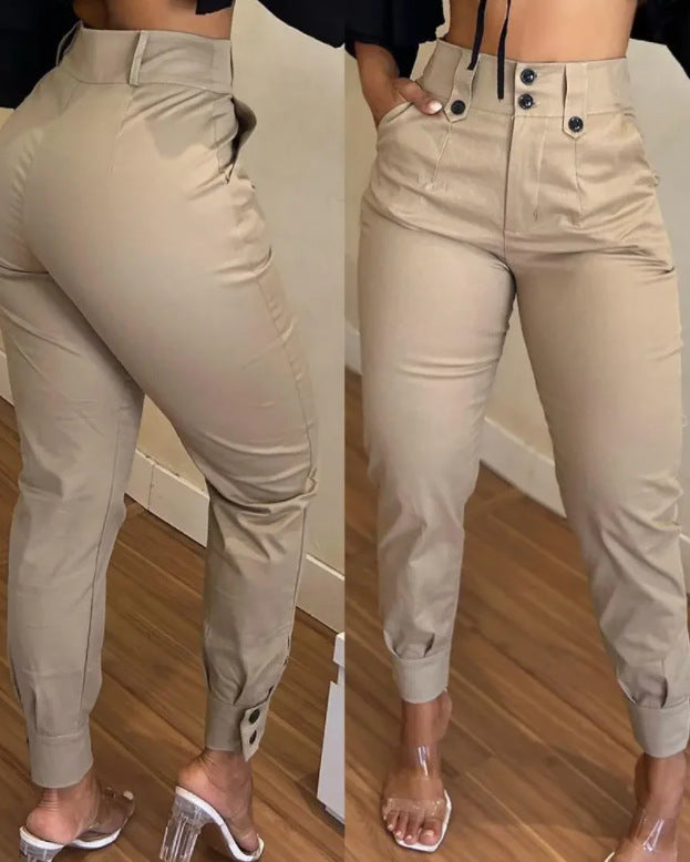 Women's Waist Button Pocket Design Ankle Banded Pants