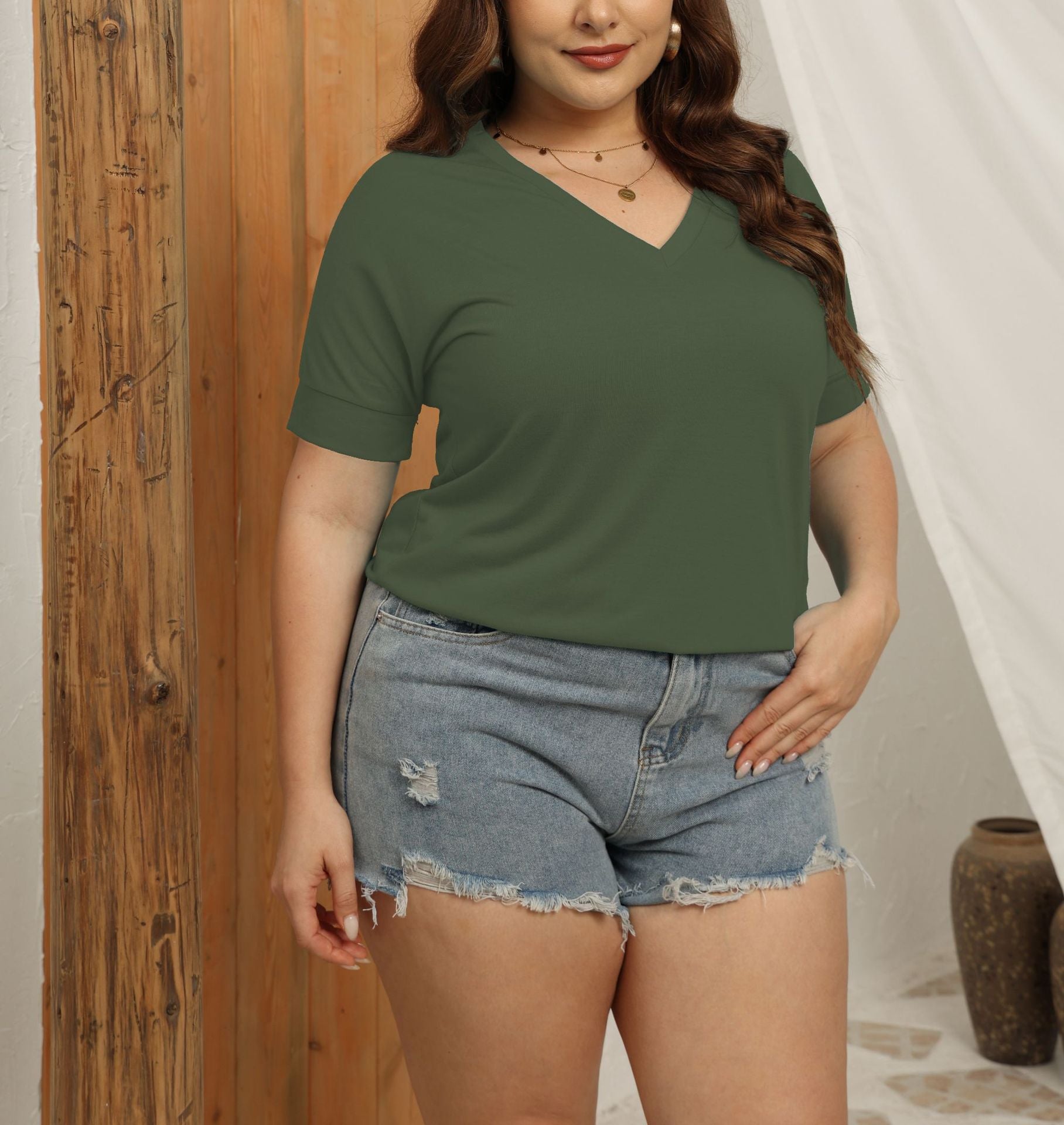Women's Summer Fat Woman Solid Color Short-sleeved Blouses