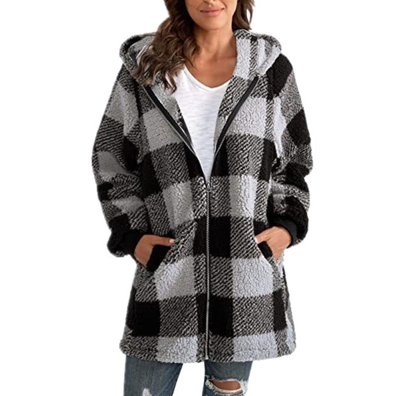 Women's Plush Long-sleeved Plaid Hooded Zipper With Women's Jackets