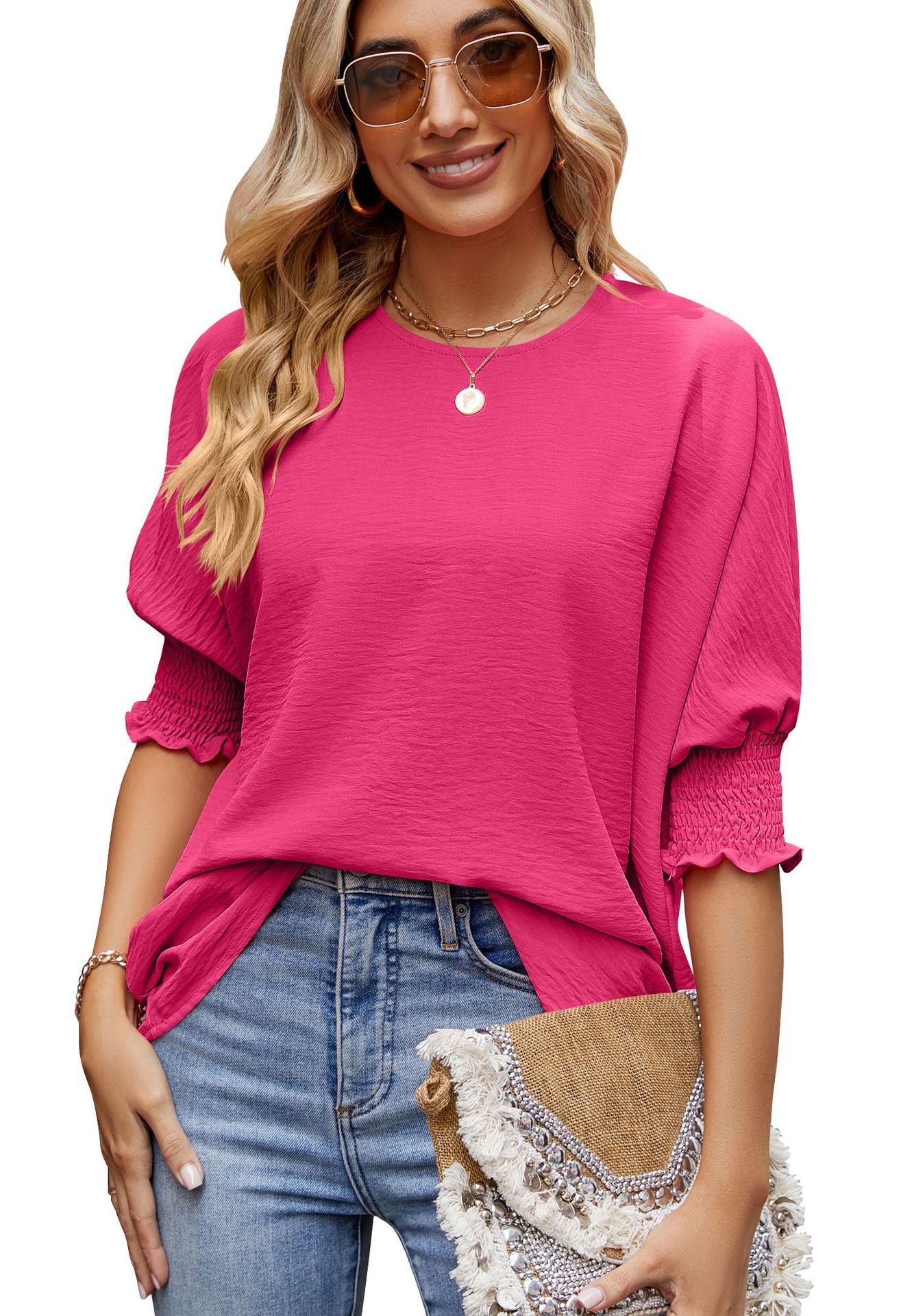 Women's Summer Loose Crew Neck Solid Color Blouses