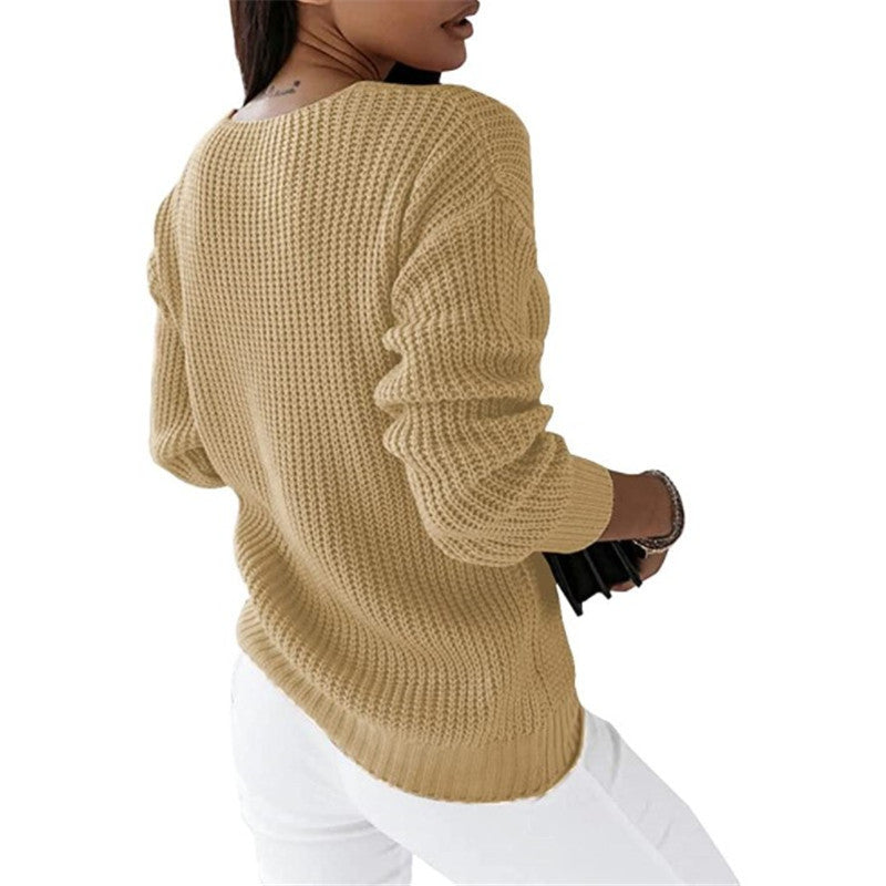 Women's Long Sleeve V-neck Solid Color Twist Sweaters
