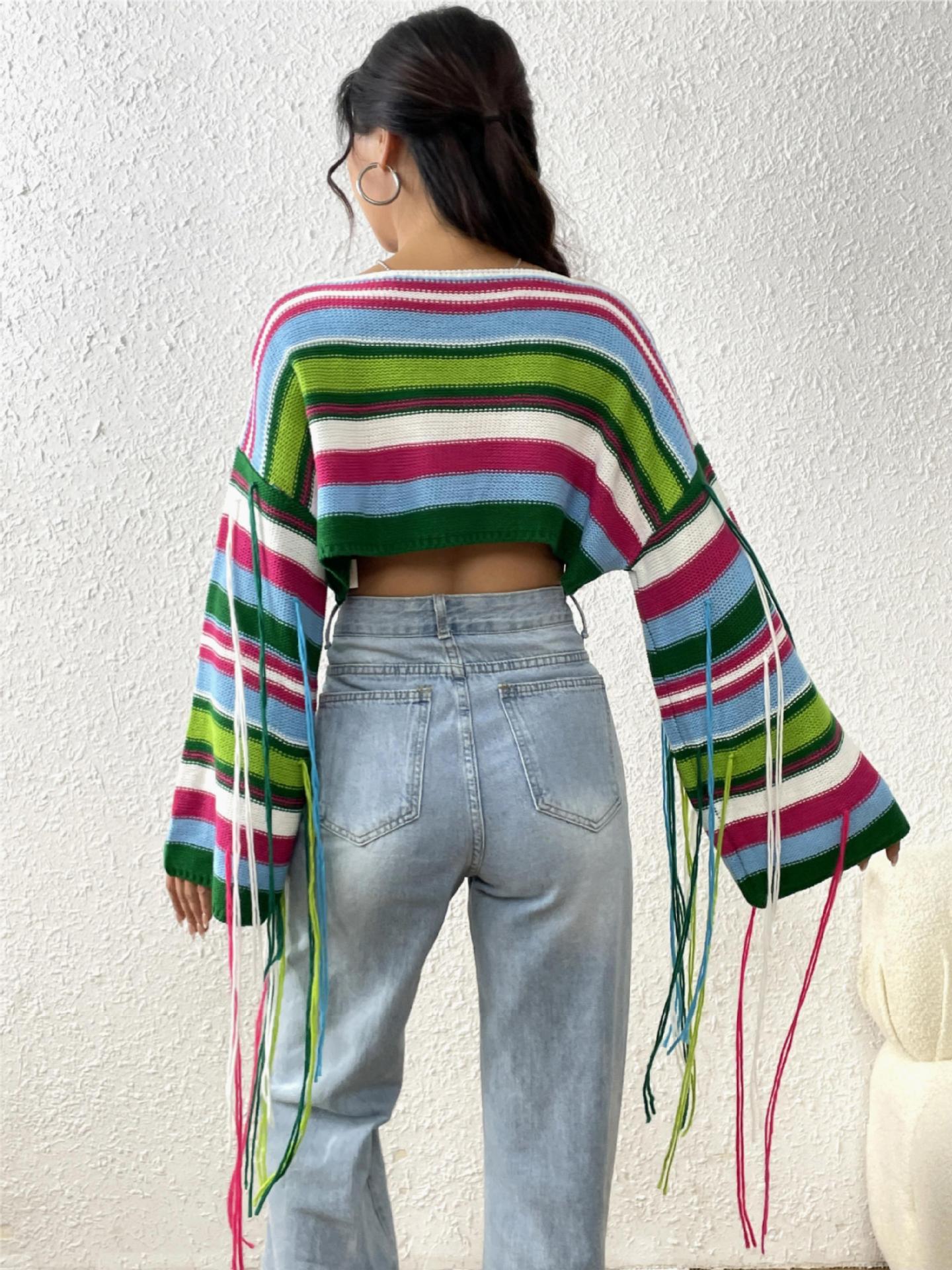Women's Rainbow Striped Fringed Sexy Ultra Loose Sweaters