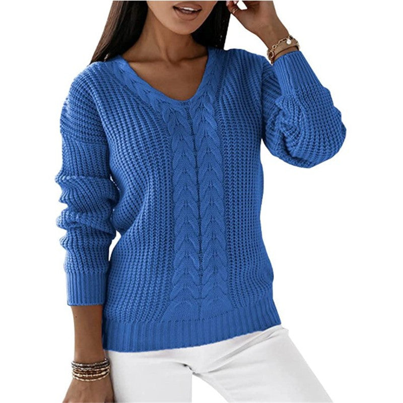 Women's Long Sleeve V-neck Solid Color Twist Sweaters