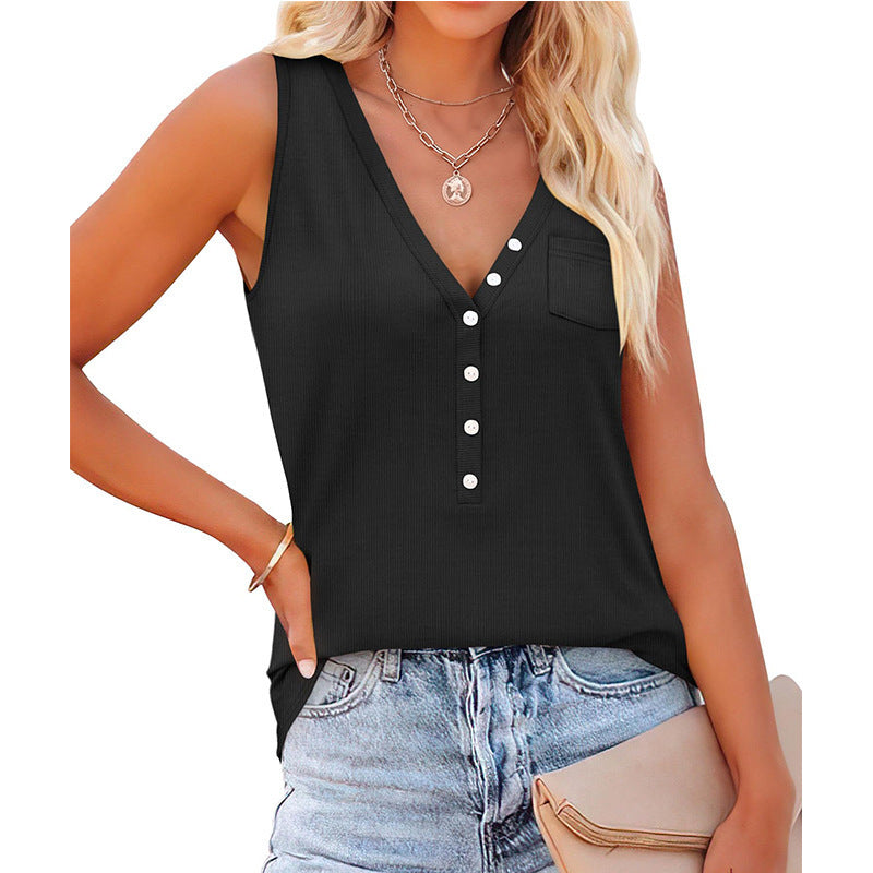 Women's Summer Solid Color Pocket Loose Casual Tops