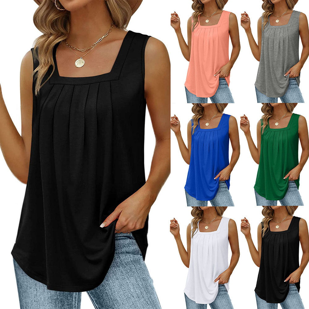 Women's Pleated Square Collar Sleeveless Dovetail Tops