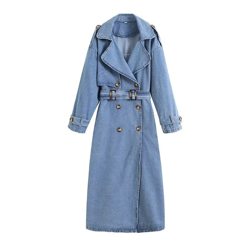 Double Breasted With Belt Denim Trench Coats