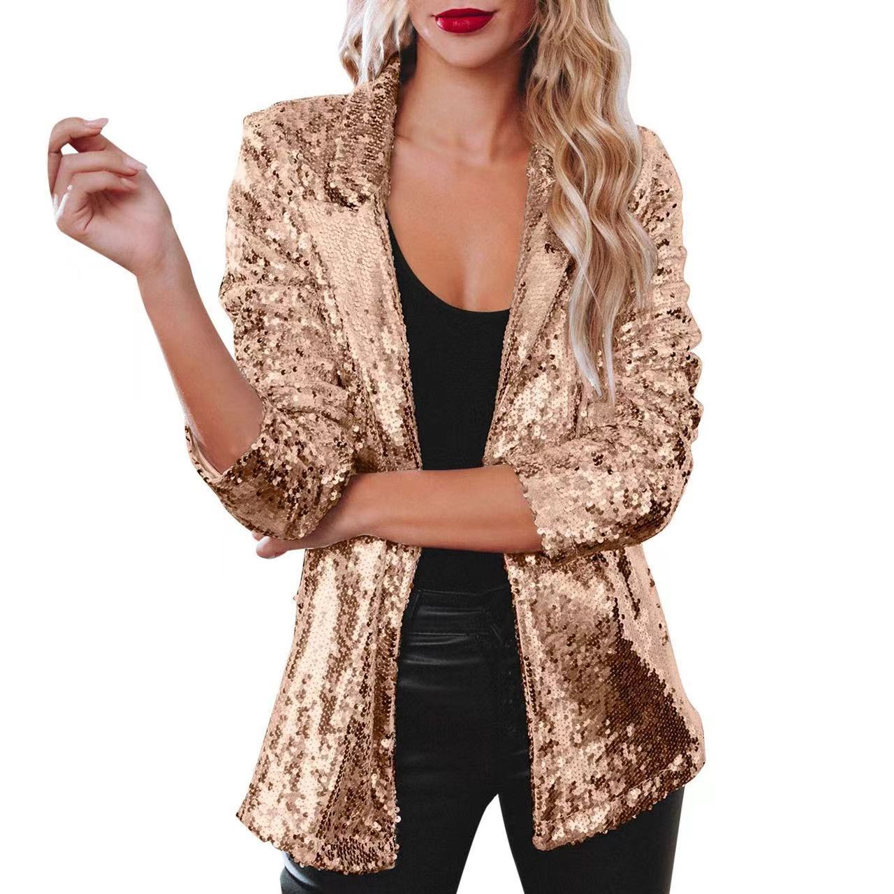 Sequined Long Sleeve Commute Style Lapel Coats